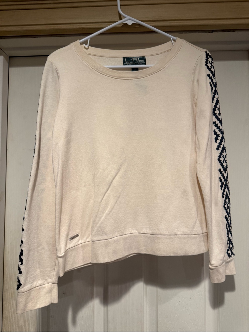 Lauren Active Women's Cream Long-Sleeve Pullover with Embroidered Sleeves